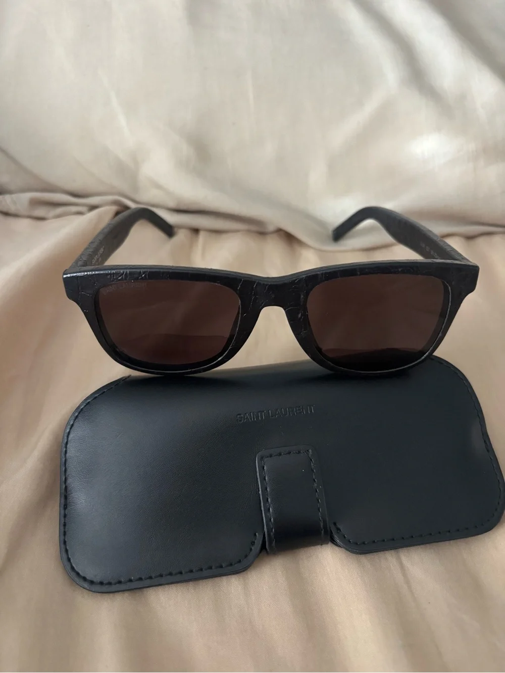 Saint Laurent Black Croc-Embossed Frame Sunglasses with Case